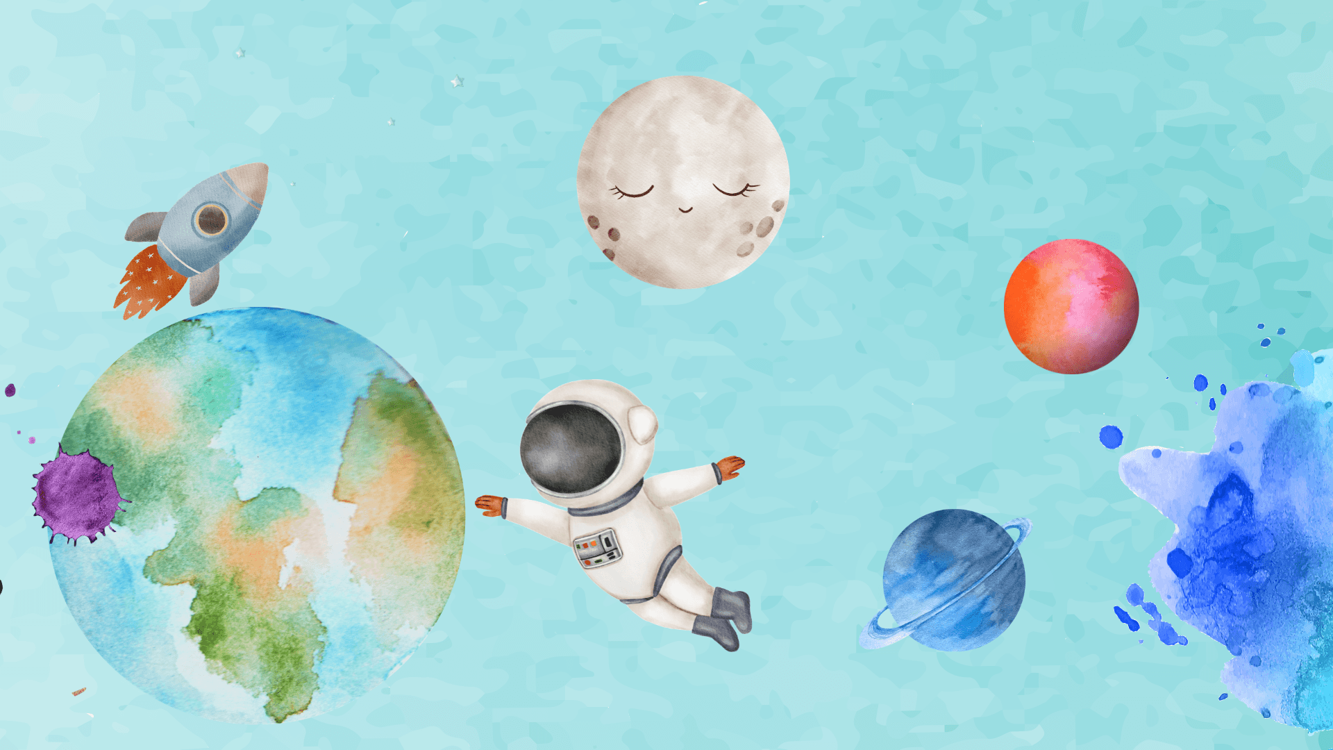 Astronaut im All, Erde und Planeten - Zeichnung